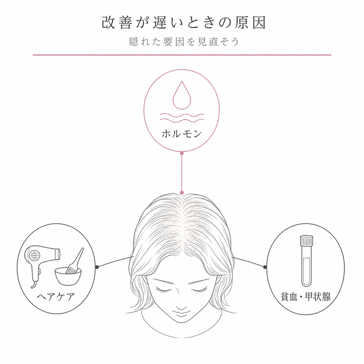 治療が長引くときに見直したいホルモン・ヘアケア・貧血や甲状腺の要因を表した線画イラスト