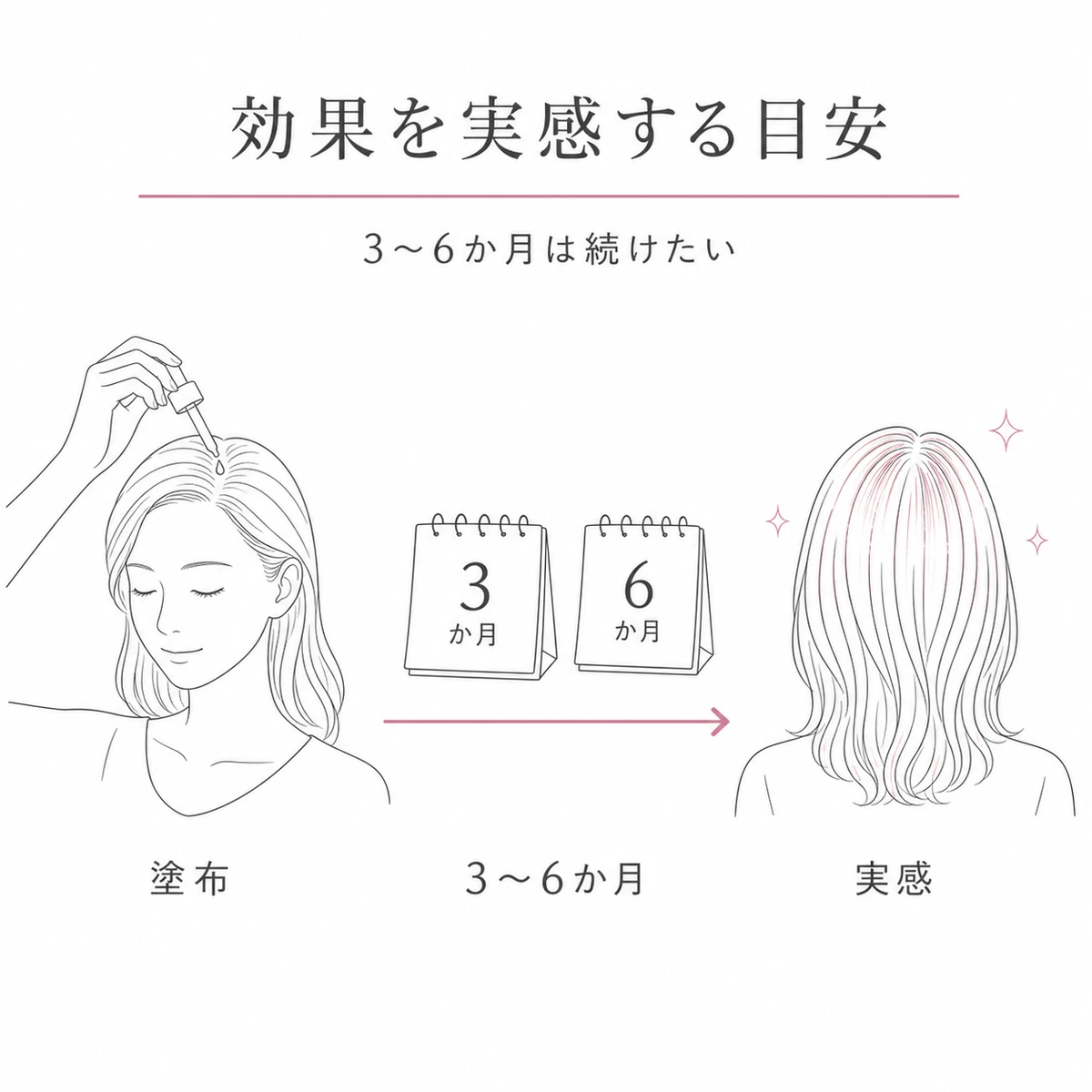 育毛剤を塗り3〜6か月続けて髪の変化を実感するまでの流れを表した線画イラスト