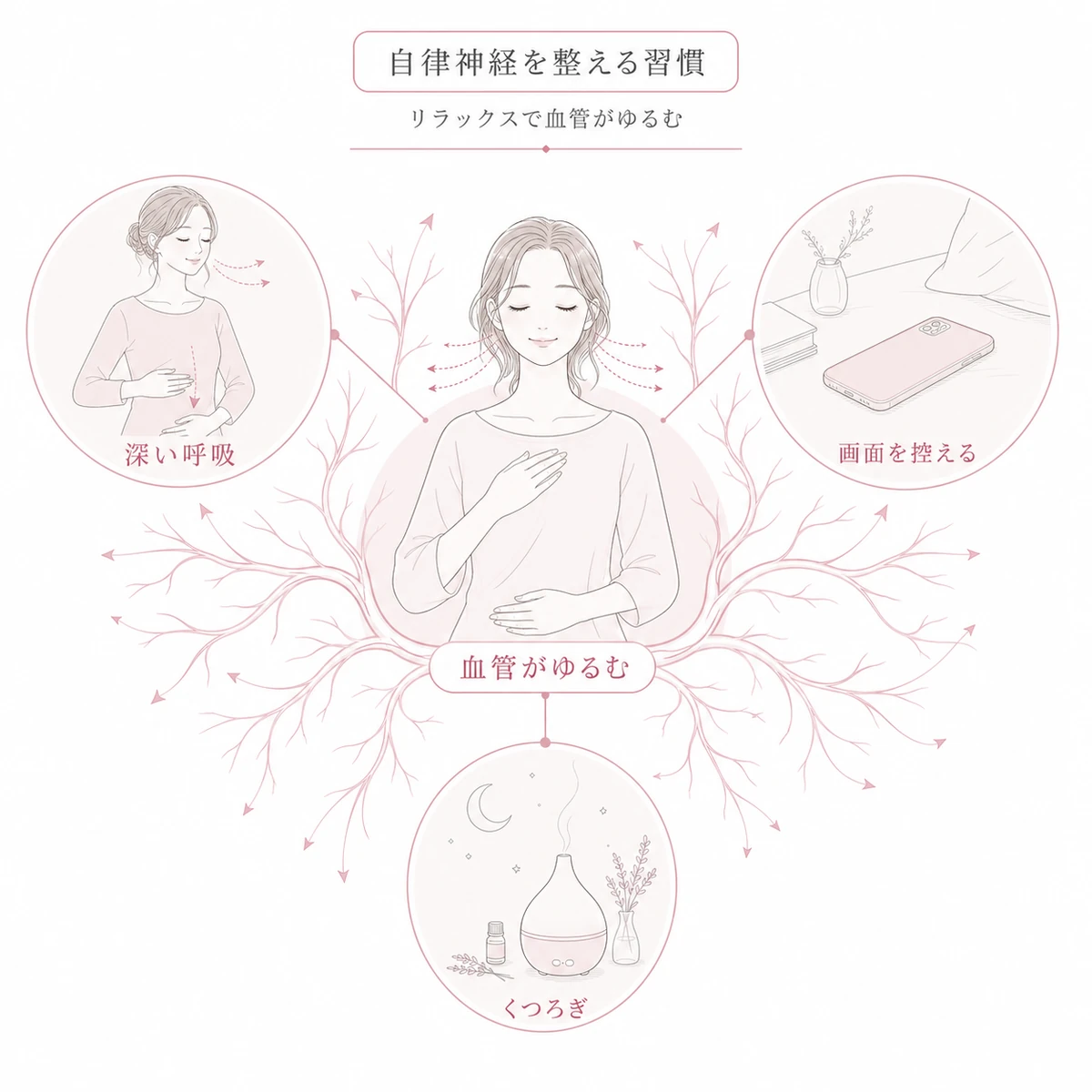 深い呼吸と就寝前のリラックスで副交感神経を優位にし血管を広げる習慣を表した線画イラスト