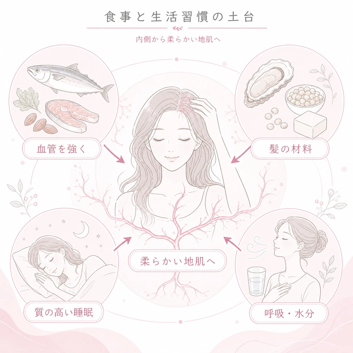 血管を強くする食材と睡眠と呼吸や水分補給で内側から柔らかい地肌を育む土台を表した線画イラスト