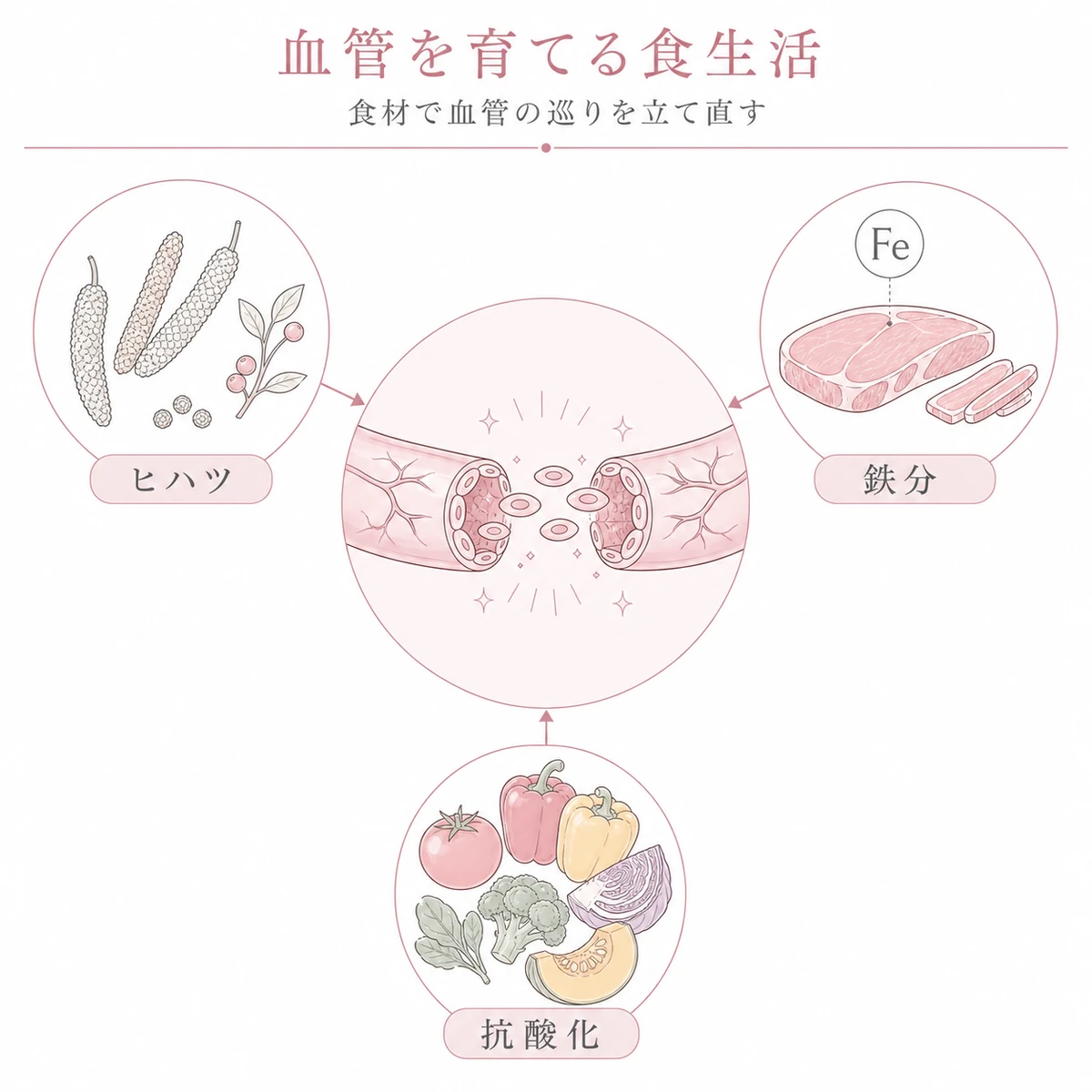 ヒハツや鉄分や抗酸化食材で毛細血管の再生を助ける食生活を表した線画イラスト