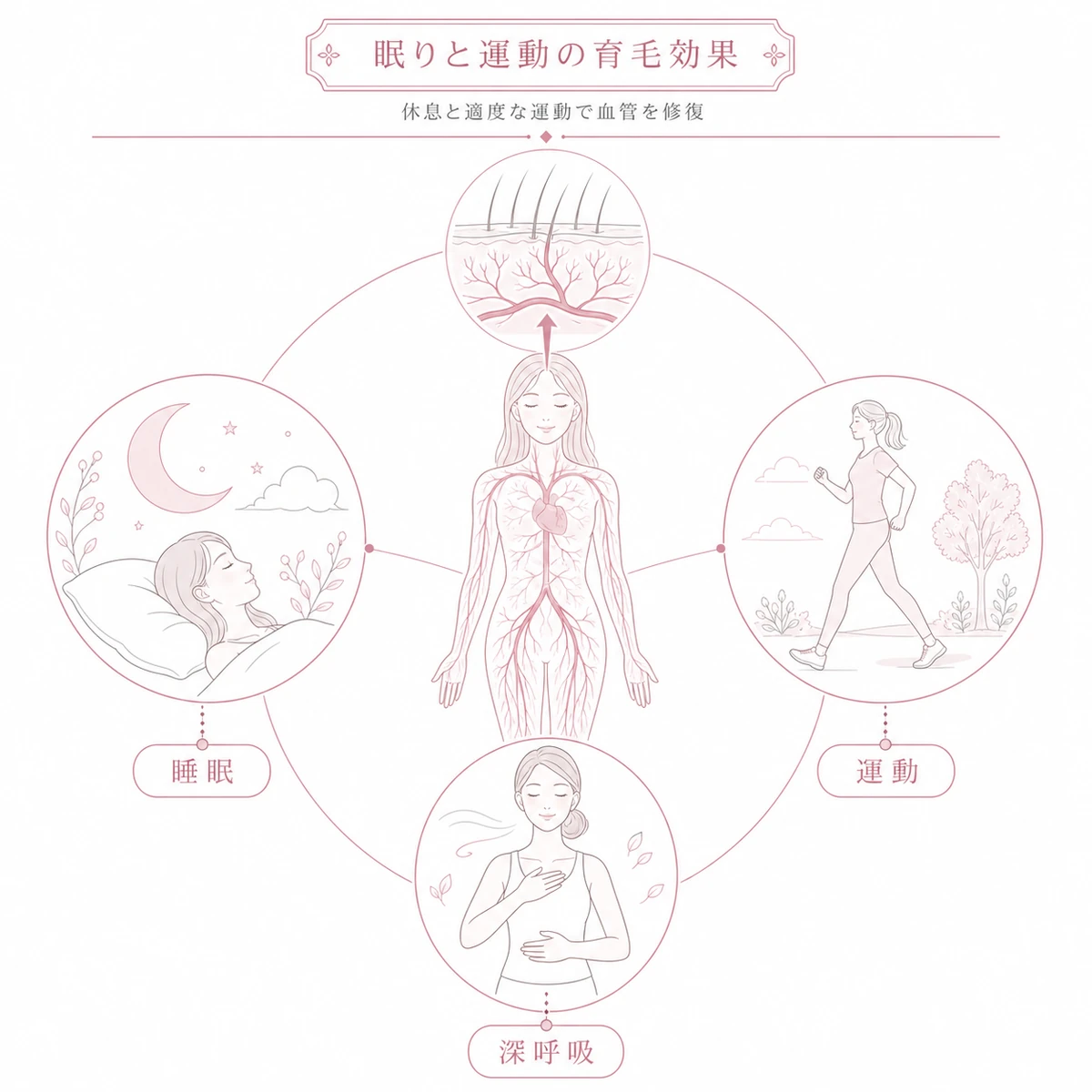 深い睡眠と有酸素運動と深呼吸で毛細血管の再生を促す習慣を表した線画イラスト