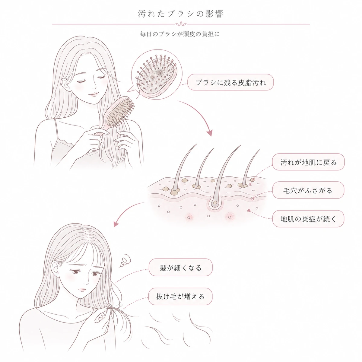 汚れたヘアブラシから頭皮の炎症、髪の細りへとつながる流れを描いた線画イラスト