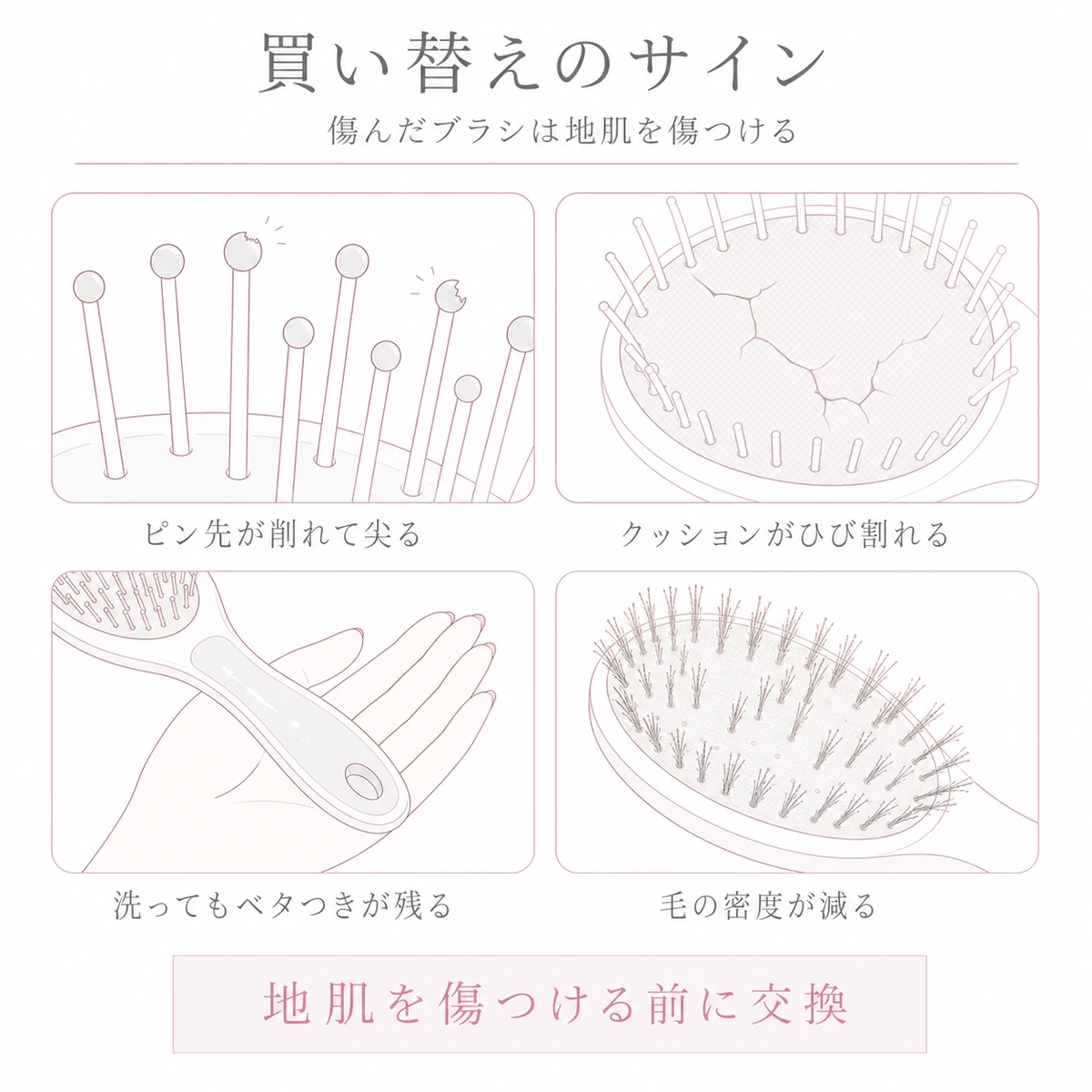 ピン先の摩耗やクッションのひび割れなど、ヘアブラシの買い替え時期がわかる変化を集めた線画イラスト