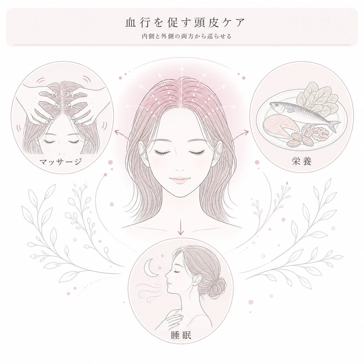 マッサージと栄養と睡眠で頭皮の血行を促すケア習慣を表した線画イラスト