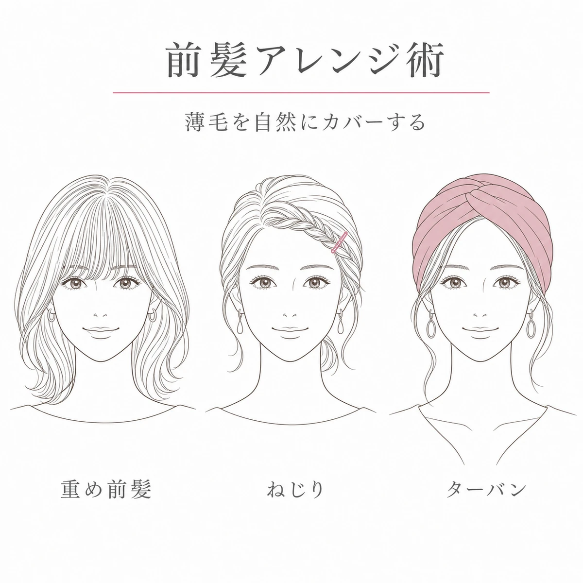 重め前髪とねじりとターバンなど前髪のスカスカを隠す3つのアレンジを女性で表した線画イラスト