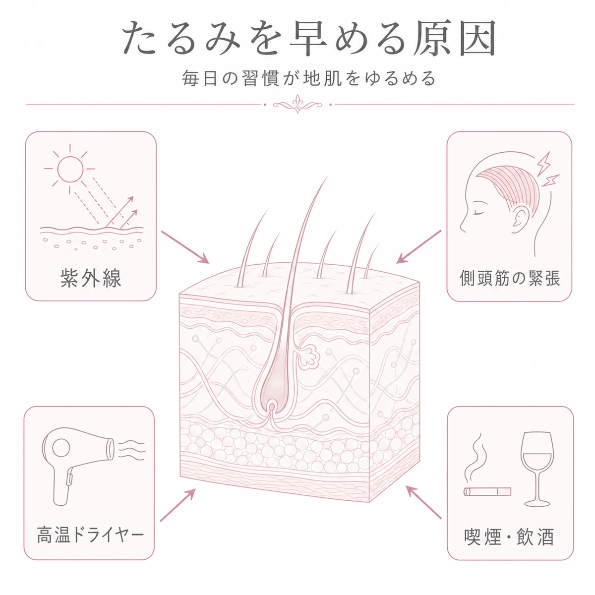 紫外線や側頭筋の緊張や喫煙が頭皮のたるみを早める日常の原因を表した線画イラスト