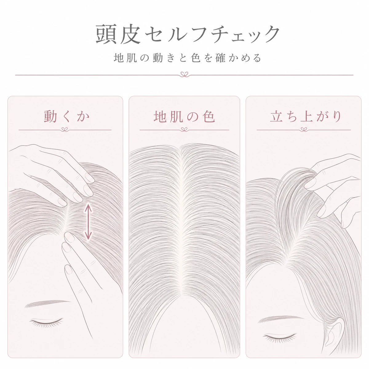 頭皮の動きや地肌の色や髪の立ち上がりを確かめるセルフチェック法を表した線画イラスト