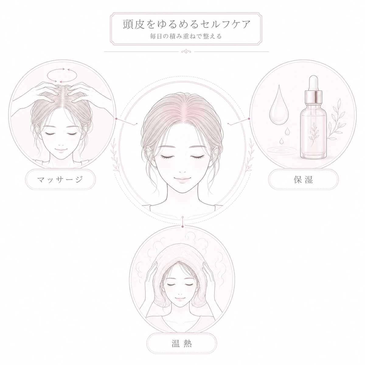 マッサージと保湿と温熱で頭皮の緊張をゆるめるセルフケアを表した線画イラスト