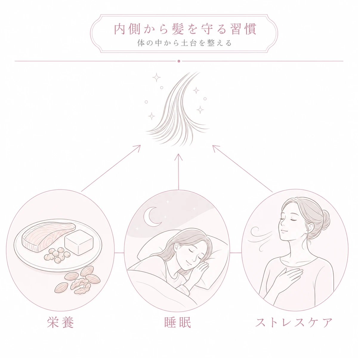 栄養と睡眠とストレスケアで内側から髪を守る生活習慣を表した線画イラスト