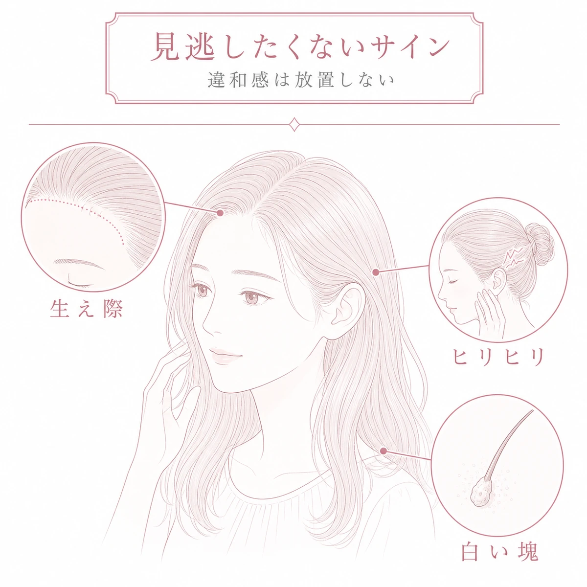 生え際の後退とヒリヒリ感と抜け毛の白い塊など初期サインを表した線画イラスト