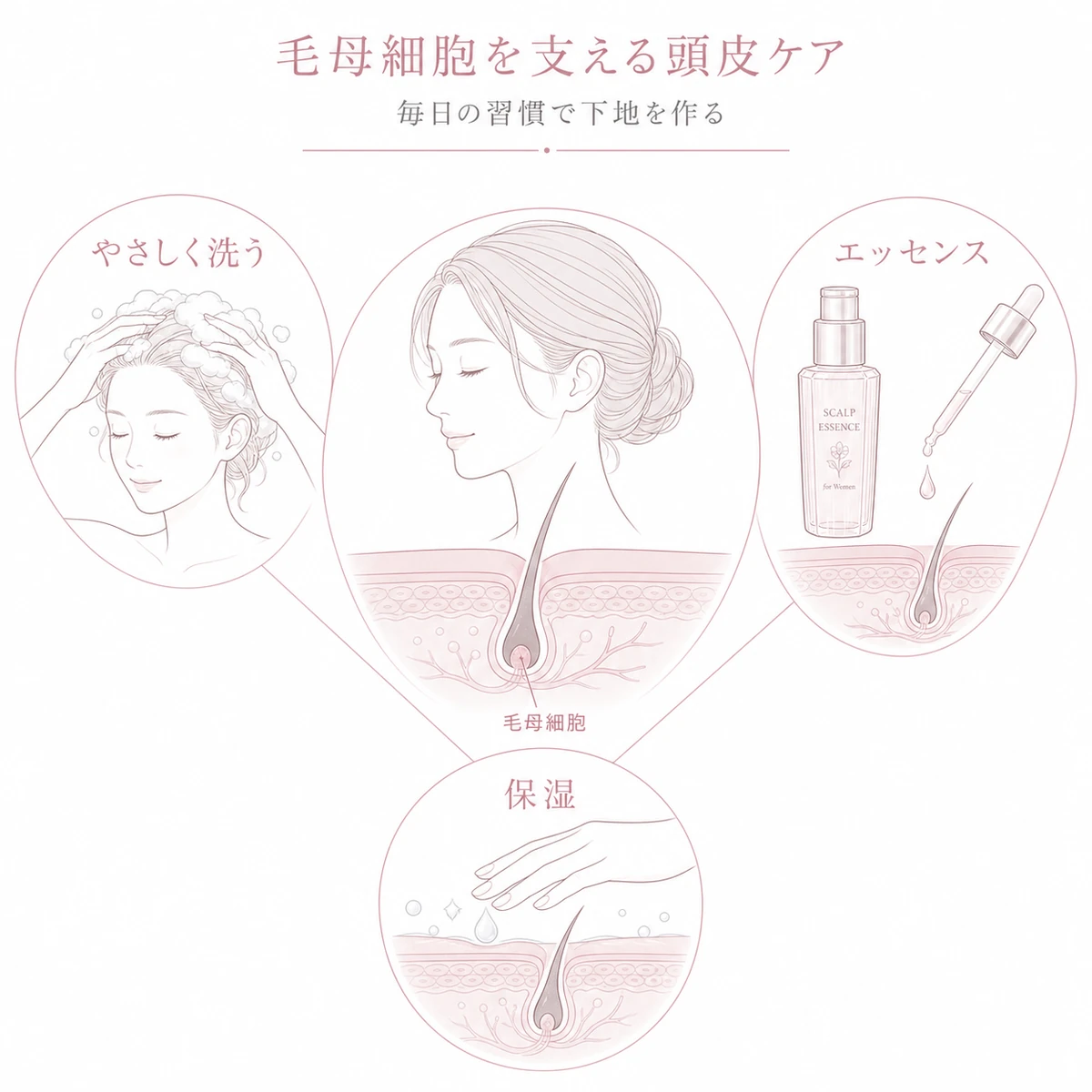 やさしい洗髪とエッセンスと保湿で毛母細胞を支える頭皮ケアを表した線画イラスト