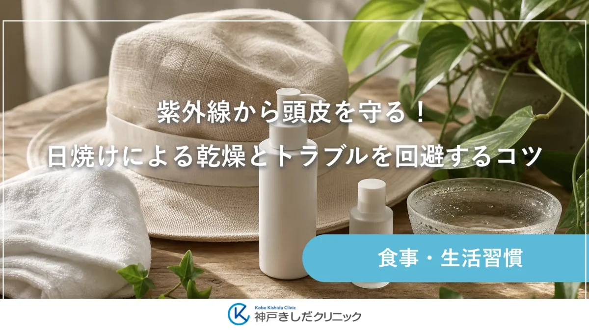 夏の日ざしの下でつばの広い帽子と頭皮用ローションが並ぶ、乾燥ケアを思わせる明るい静物イメージ