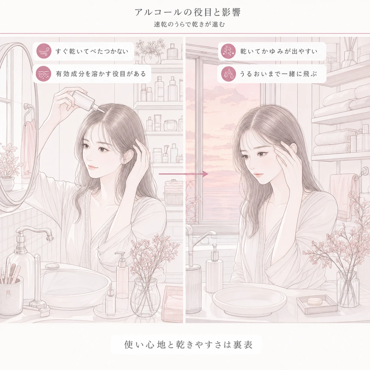 速乾のよさと乾きやすさを朝と夕方の洗面所の場面で対比した線画イラスト