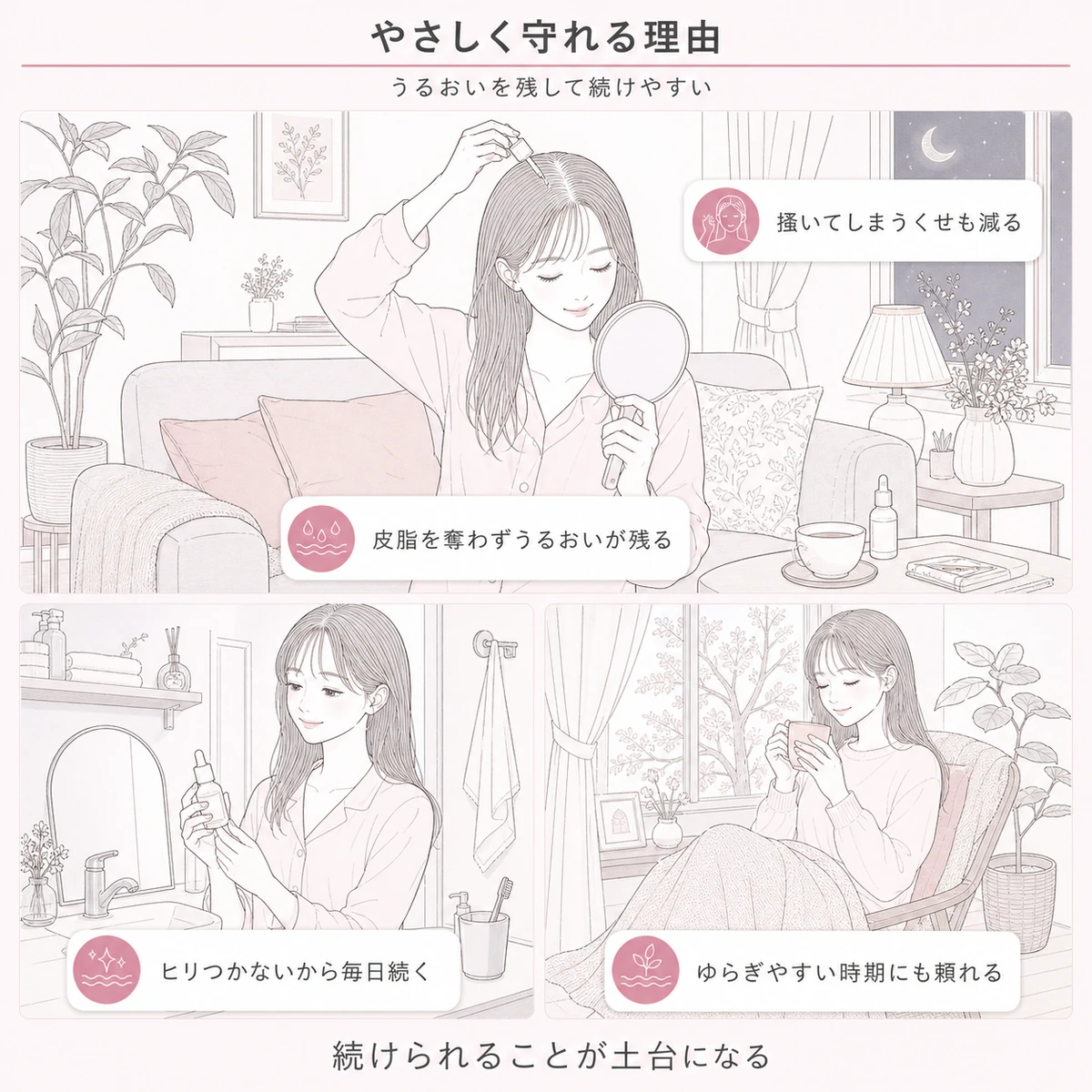 うるおいを保ったまま夜のケアを続けられるアルコールフリー処方の心地よさを描いた線画イラスト