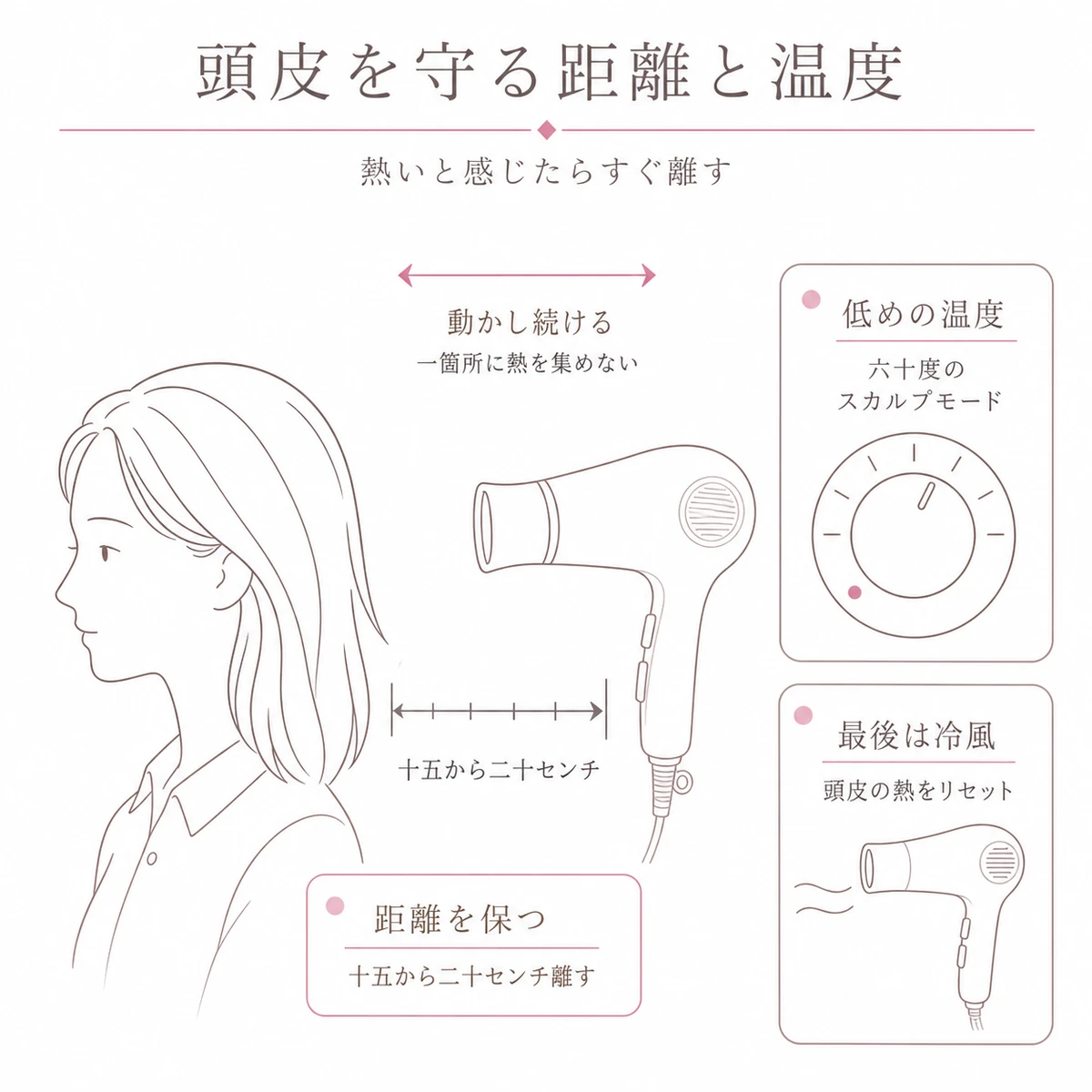 頭皮とドライヤーの適切な距離と低温設定・冷風仕上げを大きな頭部の図で示したヘアケアの図解イラスト