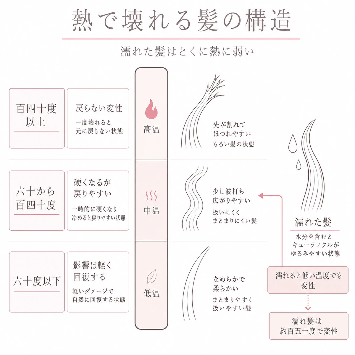 温度帯ごとに毛髪の構造がどこまで壊れるかを縦の帯と髪の房で示した図解イラスト