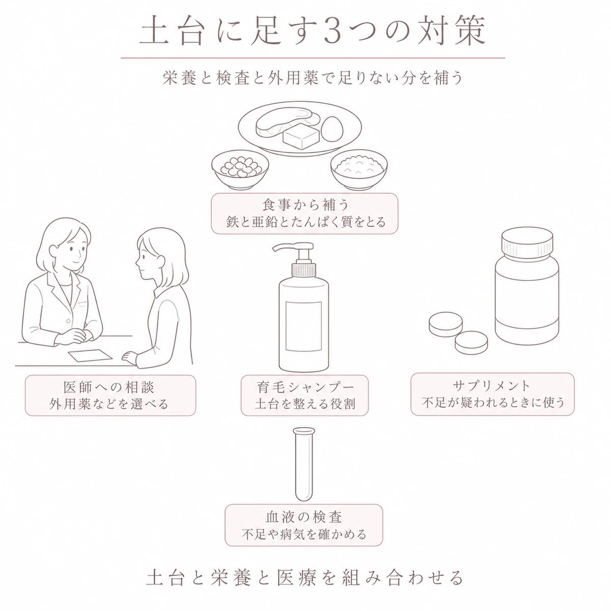 シャンプーを中心に食事とサプリメントと血液検査と医師への相談を配した線画イラスト