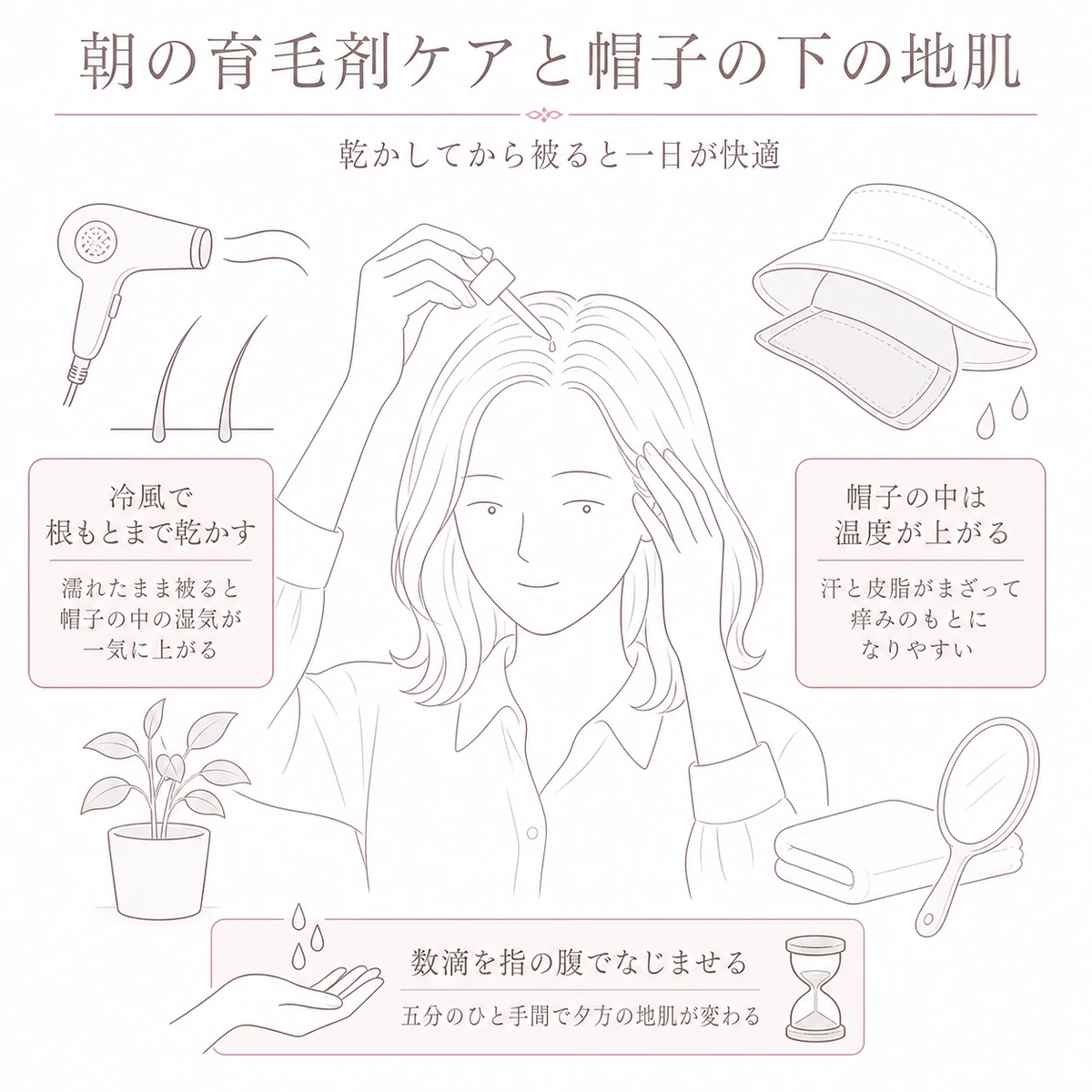 朝に育毛剤をなじませ冷風で乾かしてから帽子を被る準備をする女性のイラスト