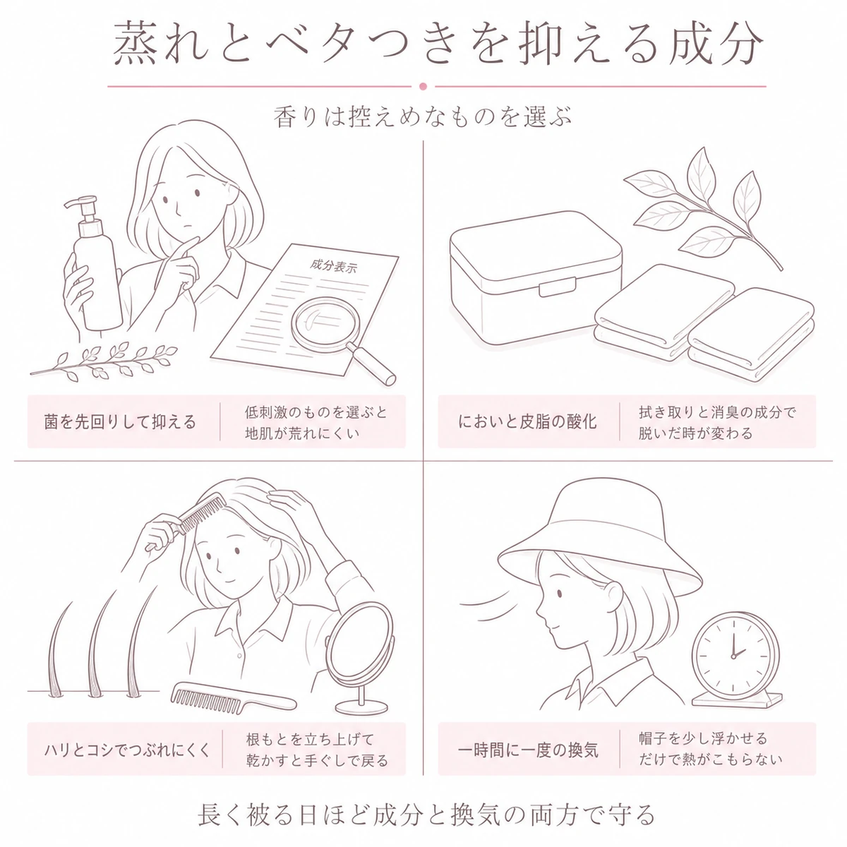 菌や臭いを抑える成分と帽子の換気の工夫を四つに分けて並べた図解