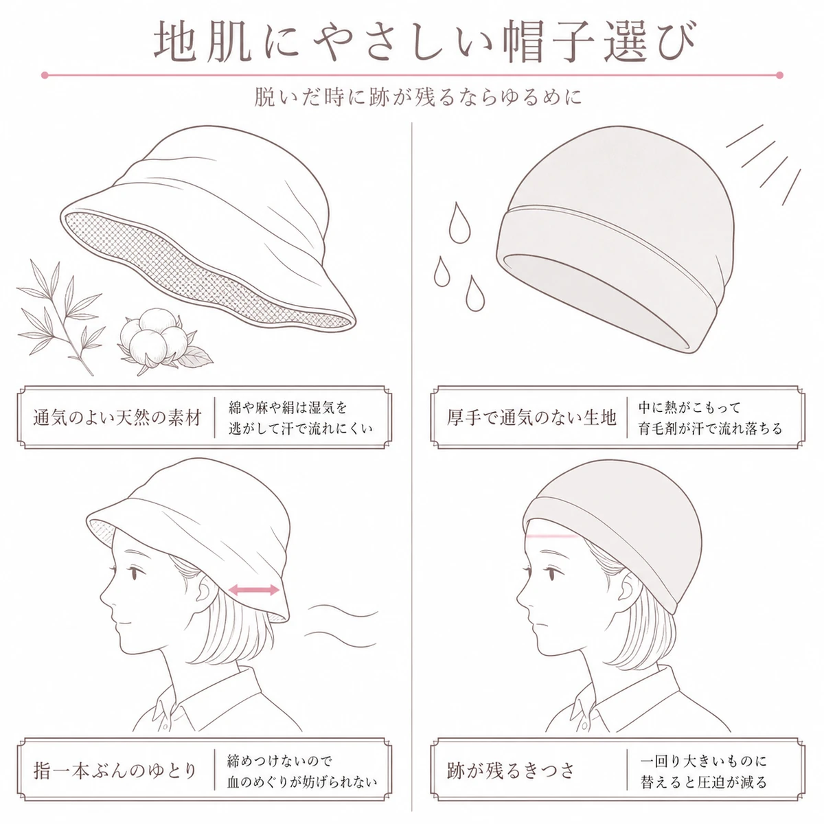 通気のよい天然素材でゆとりのある帽子と厚手できつい帽子を左右に並べて比べたイラスト