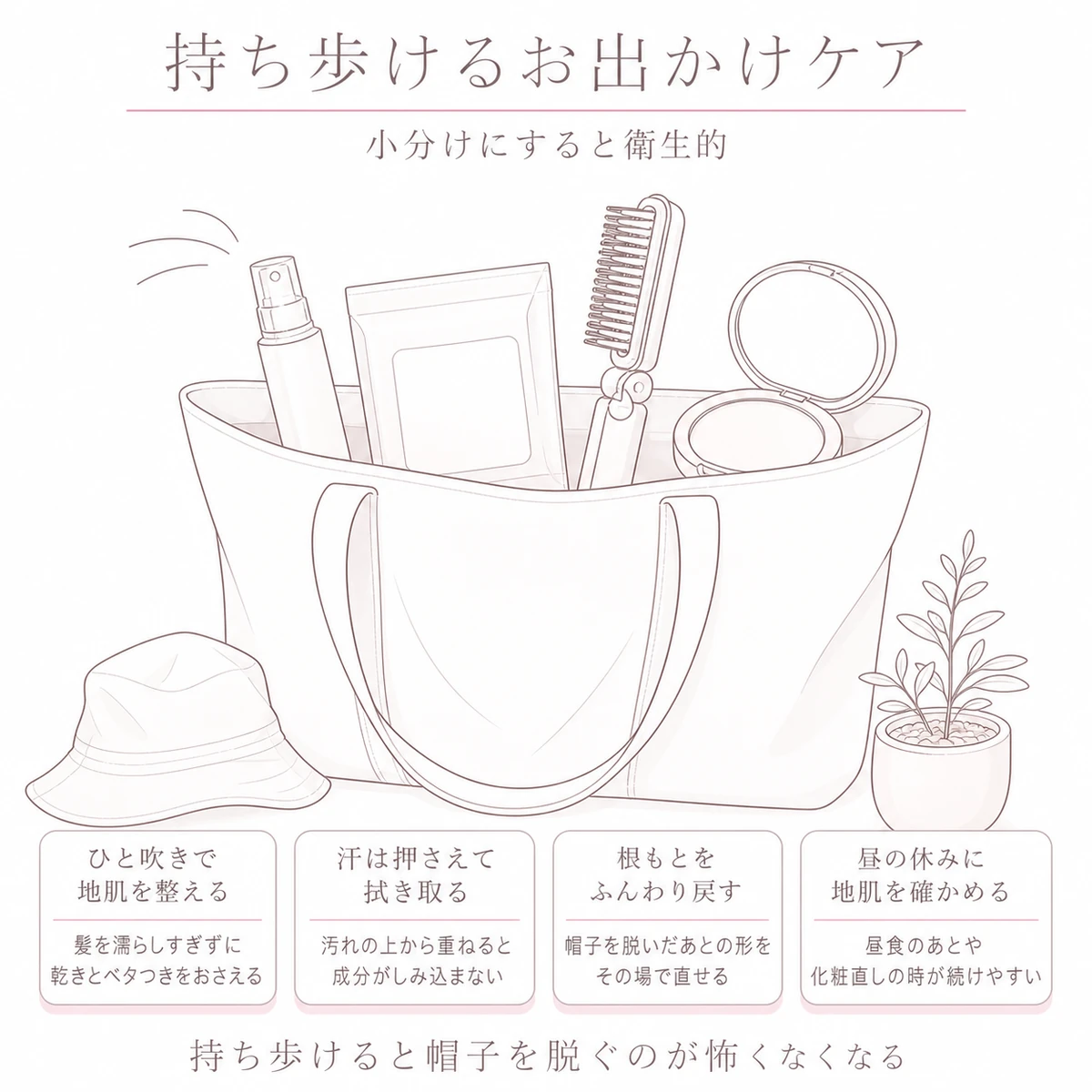 トートバッグから覗くミスト容器や拭き取りシートなど外出先で使う頭皮ケア用品を描いたイラスト