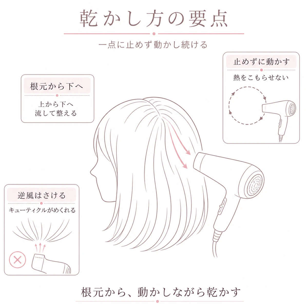 根元から上から下へ風を当てつつドライヤーを動かし続ける正しい乾かし方を表したイラスト