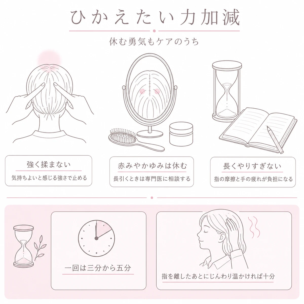強く揉みすぎない、赤みがあるときは休むなど頭皮を守るための注意点と、一回あたりの時間の目安を上下に分けたイラスト