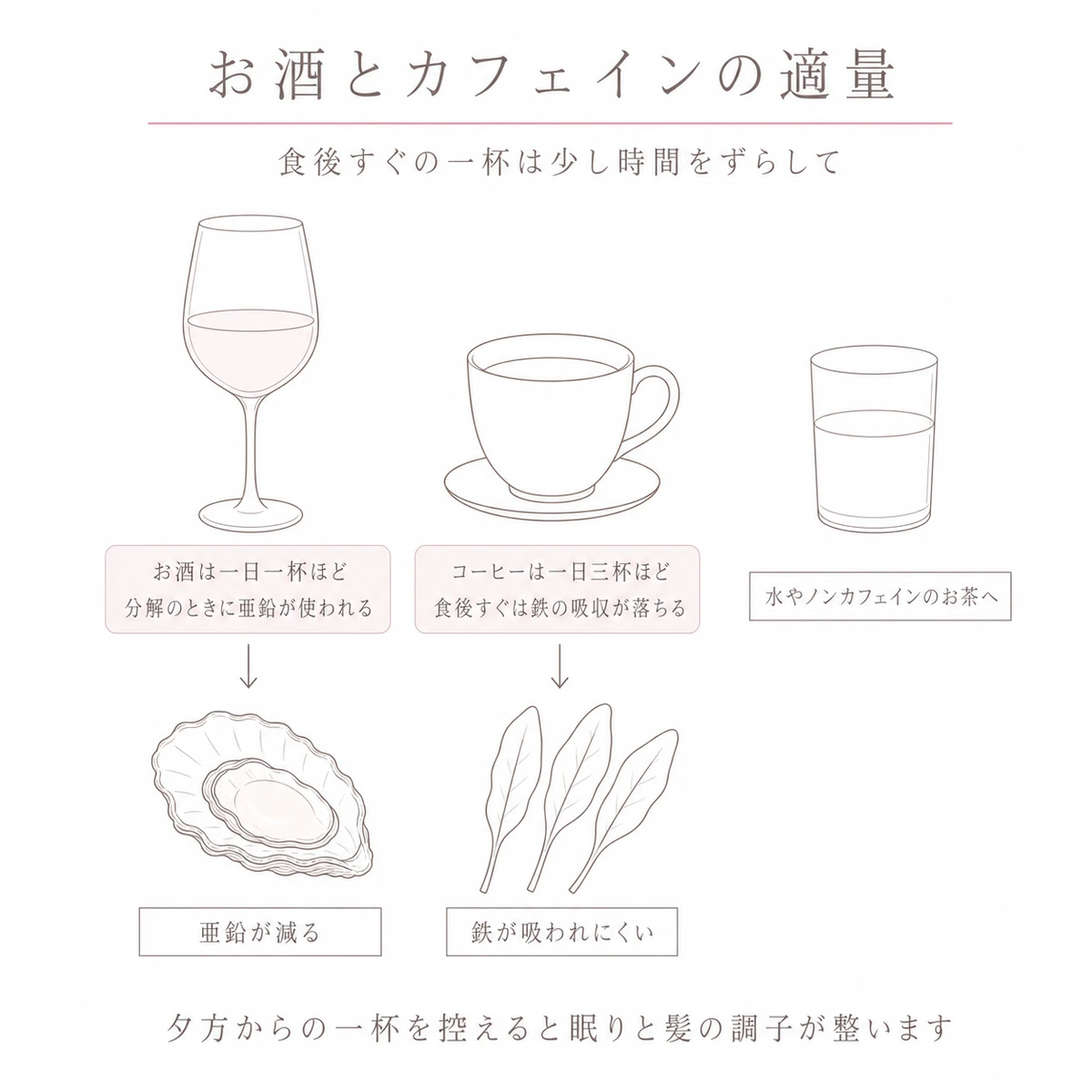 お酒とコーヒーの適量と、亜鉛や鉄分への影響を中央から広げて描いたイラスト