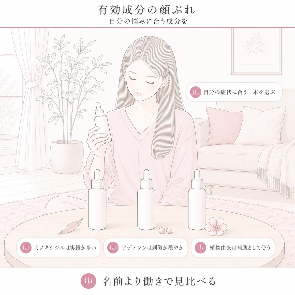 実績のある成分と穏やかな成分と補助的な植物由来成分の違いを部屋に並べた三本の容器で描いた線画イラスト