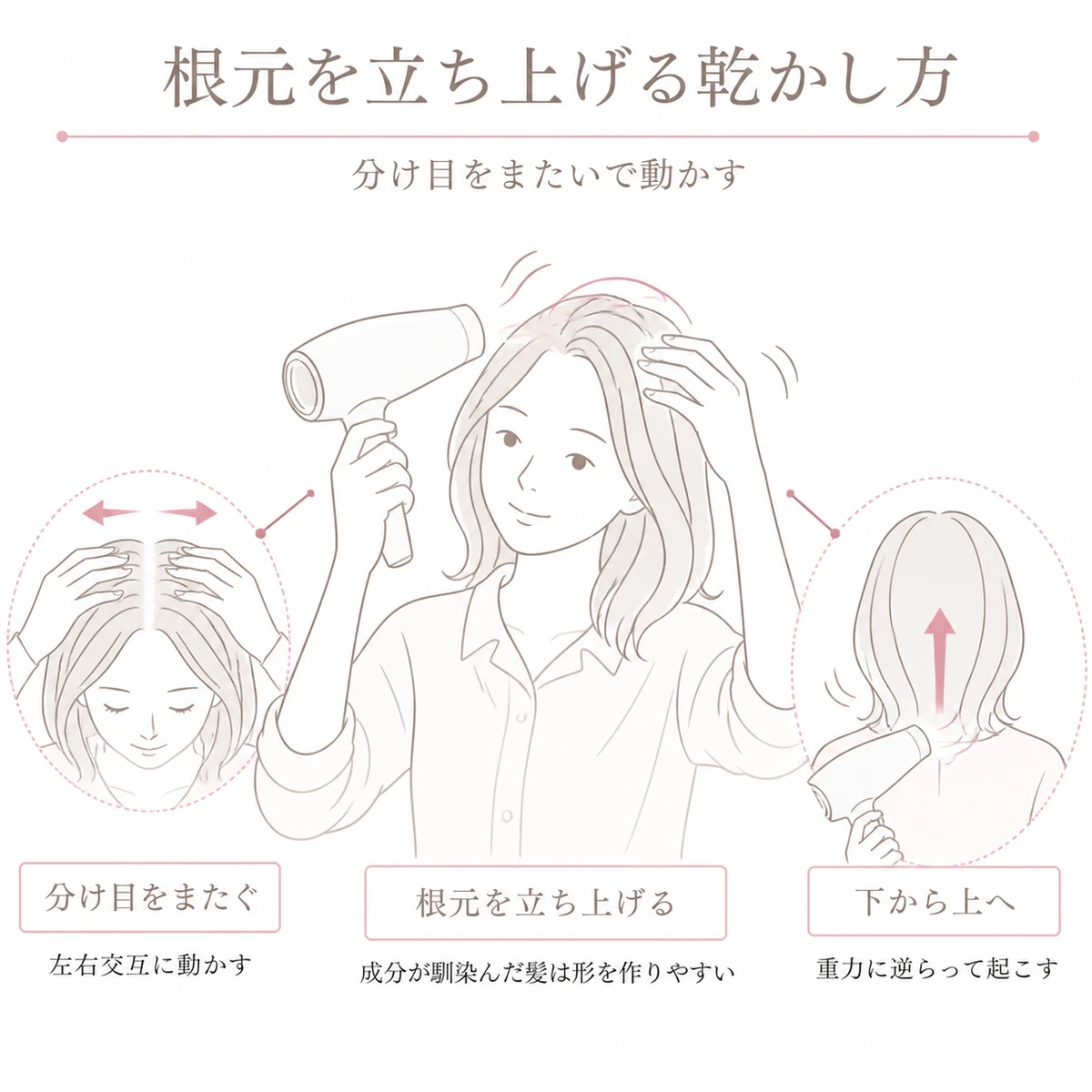 分け目をまたいで動かし下から上へ風を送り根元をふんわり立ち上げる乾かし方を表したイラスト