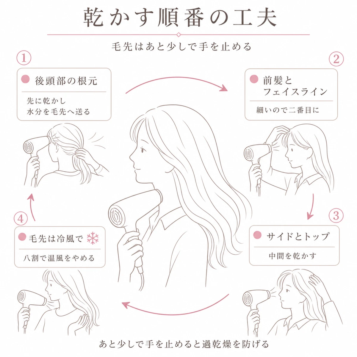 頭部を後頭部から毛先まで順に乾かす道すじを番号付きの矢印で示した図解イラスト