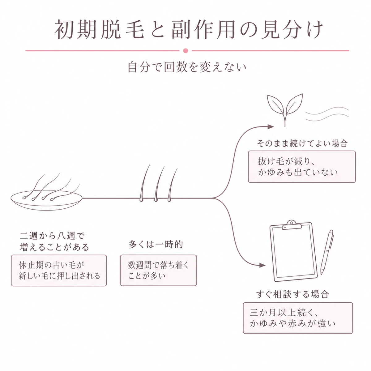初期脱毛が落ち着く道と医師に相談する道の分かれ目を帯で描いた線画イラスト