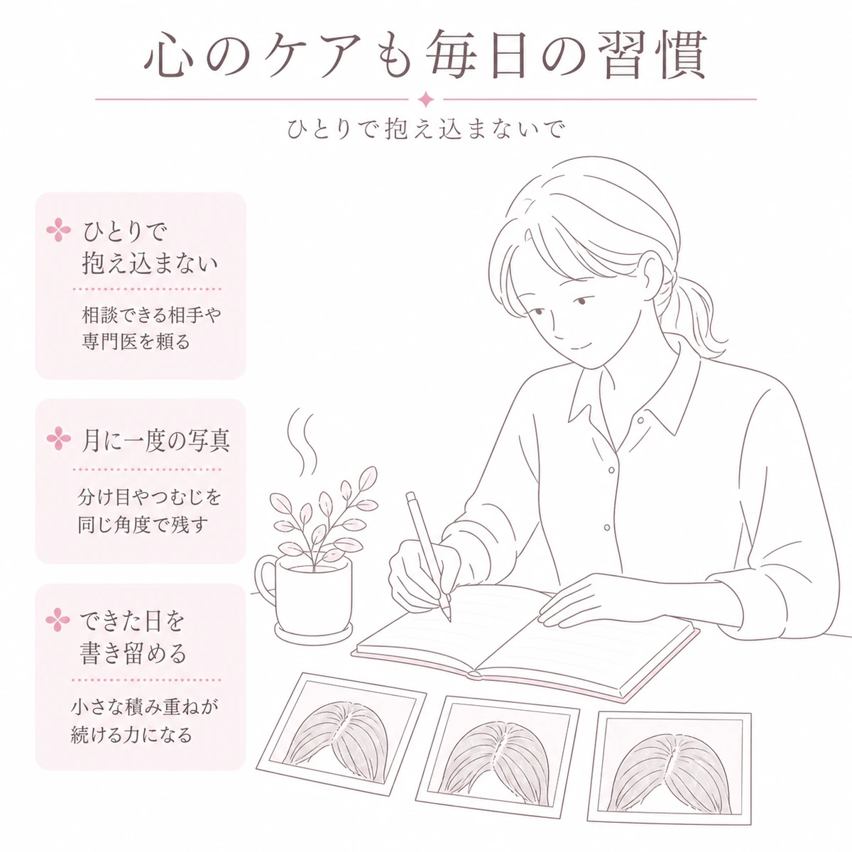 ノートに記録しながら薄毛の悩みと向き合う女性を描いた線画イラスト