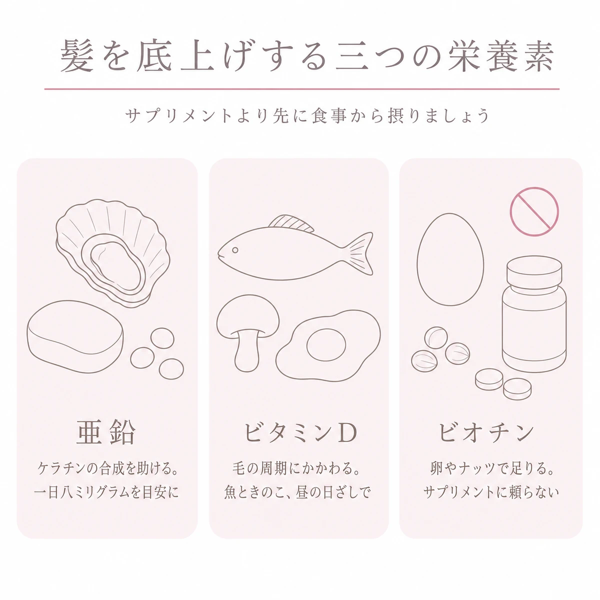 牡蠣や鮭、卵など亜鉛とビタミンD、ビオチンを含む食材を三つ並べたイラスト