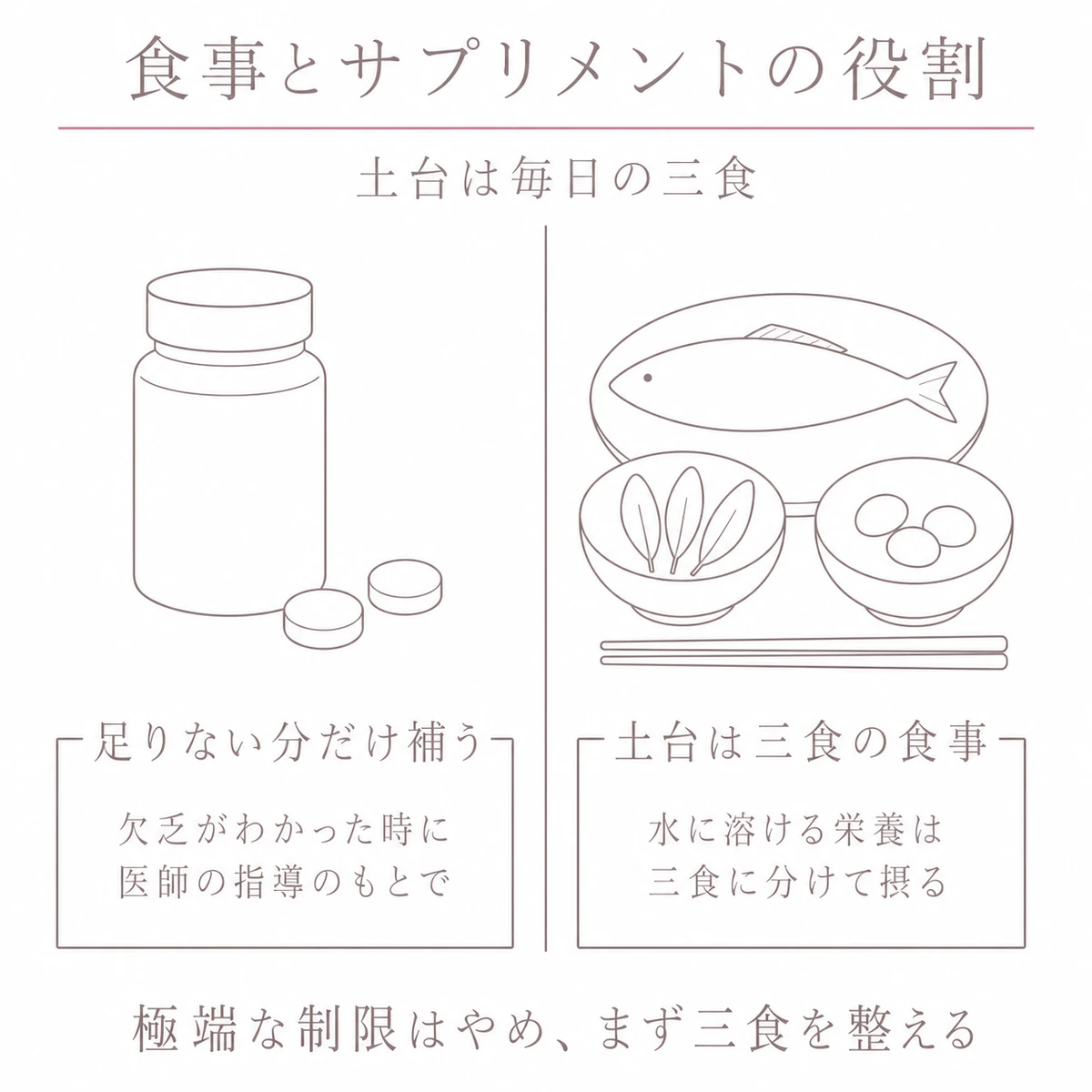 サプリメントと食事の一皿を同じ大きさで並べて役割の違いを描いた対比イラスト
