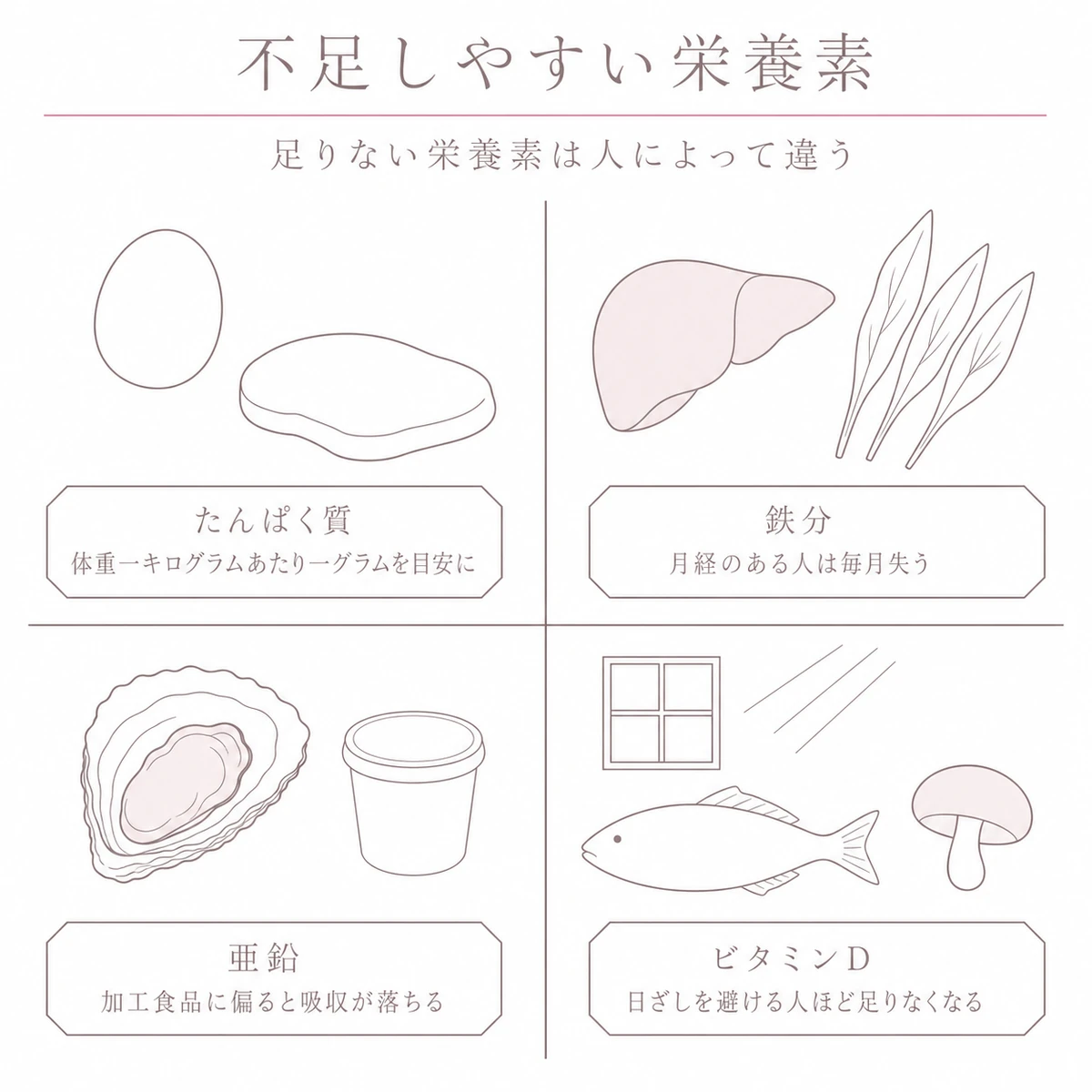 たんぱく質と鉄分と亜鉛とビタミンDが不足しやすい場面を四つに分けて描いたイラスト