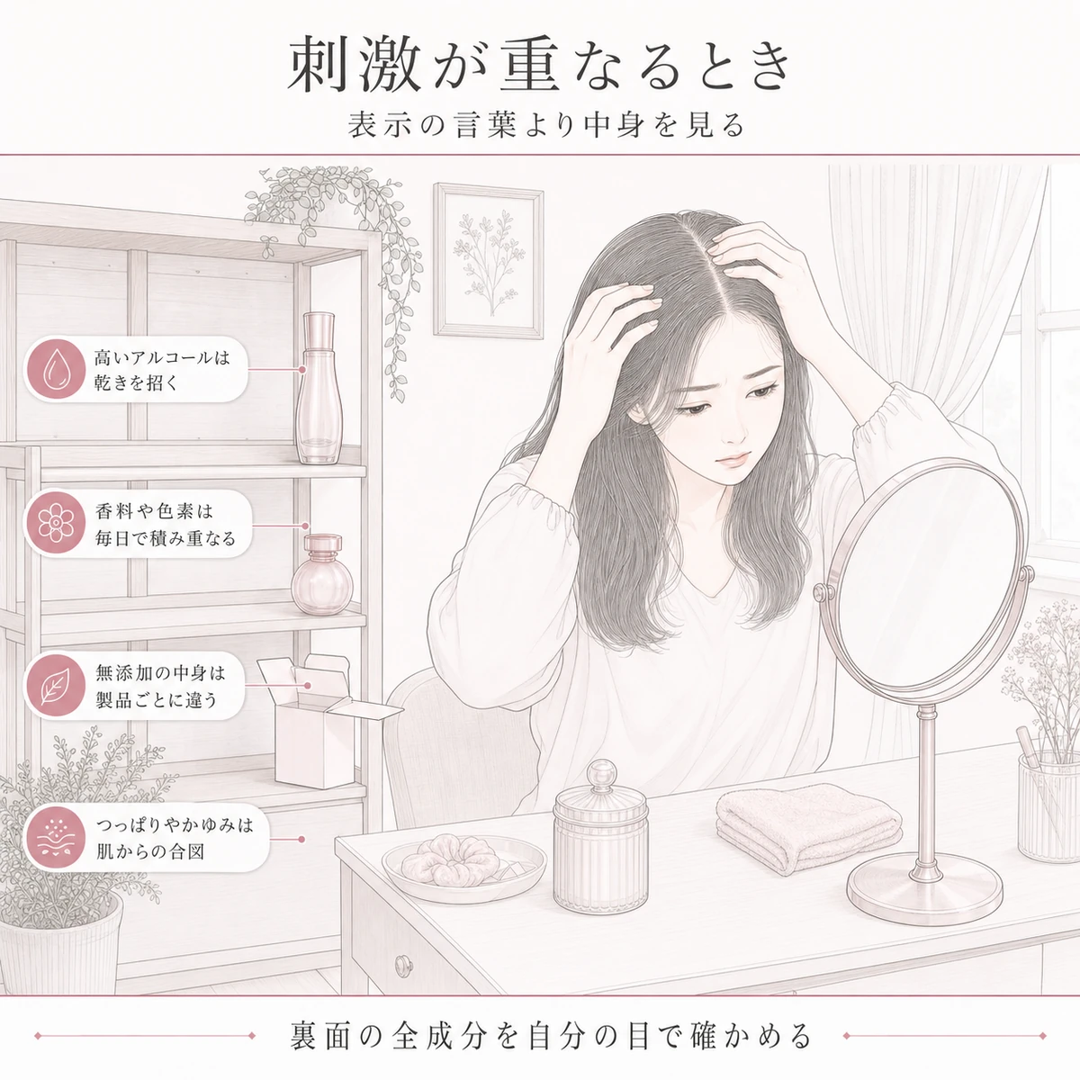 鏡台の前で地肌の乾きに気づく女性と棚に並ぶ刺激になりやすい成分の品々を一つの部屋に描いた線画イラスト
