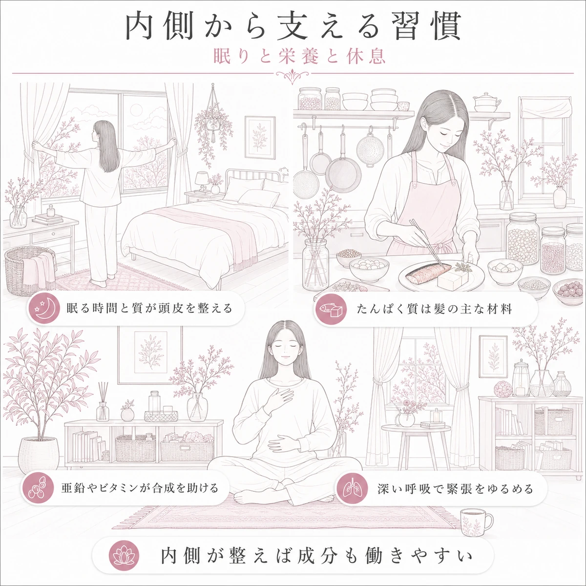 よく眠れた朝と髪の材料をそろえる食事と呼吸を整える時間という頭皮を支える習慣を三つの場面で描いた線画イラスト