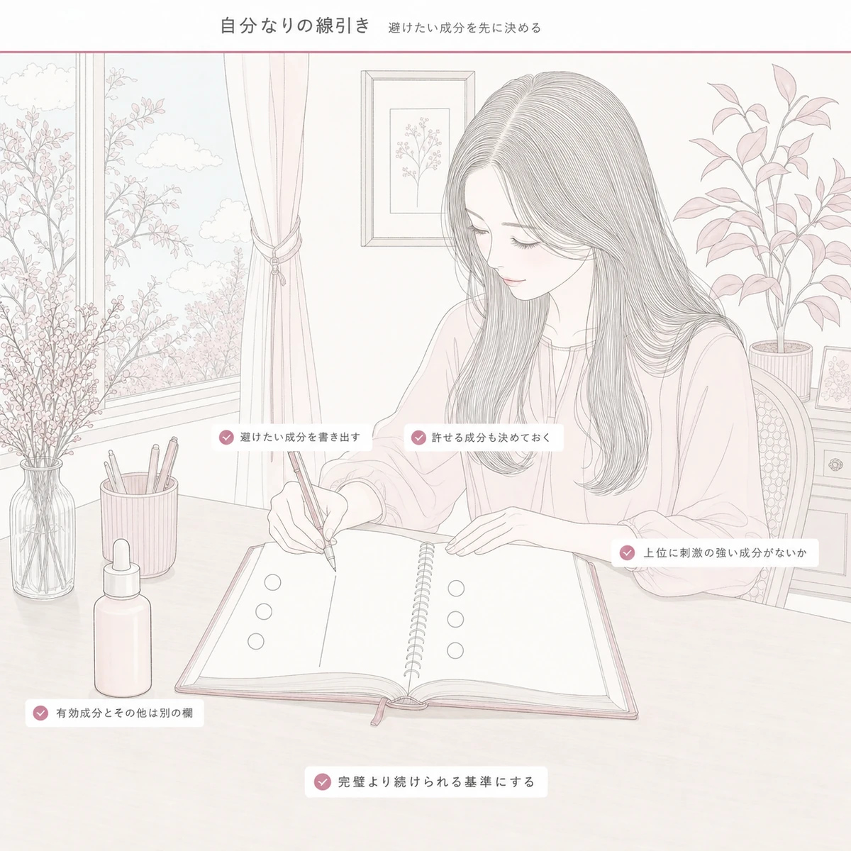 手帳の一ページを縦線で分けて避けたい成分と許せる成分を書き分ける机の場面を描いた線画イラスト