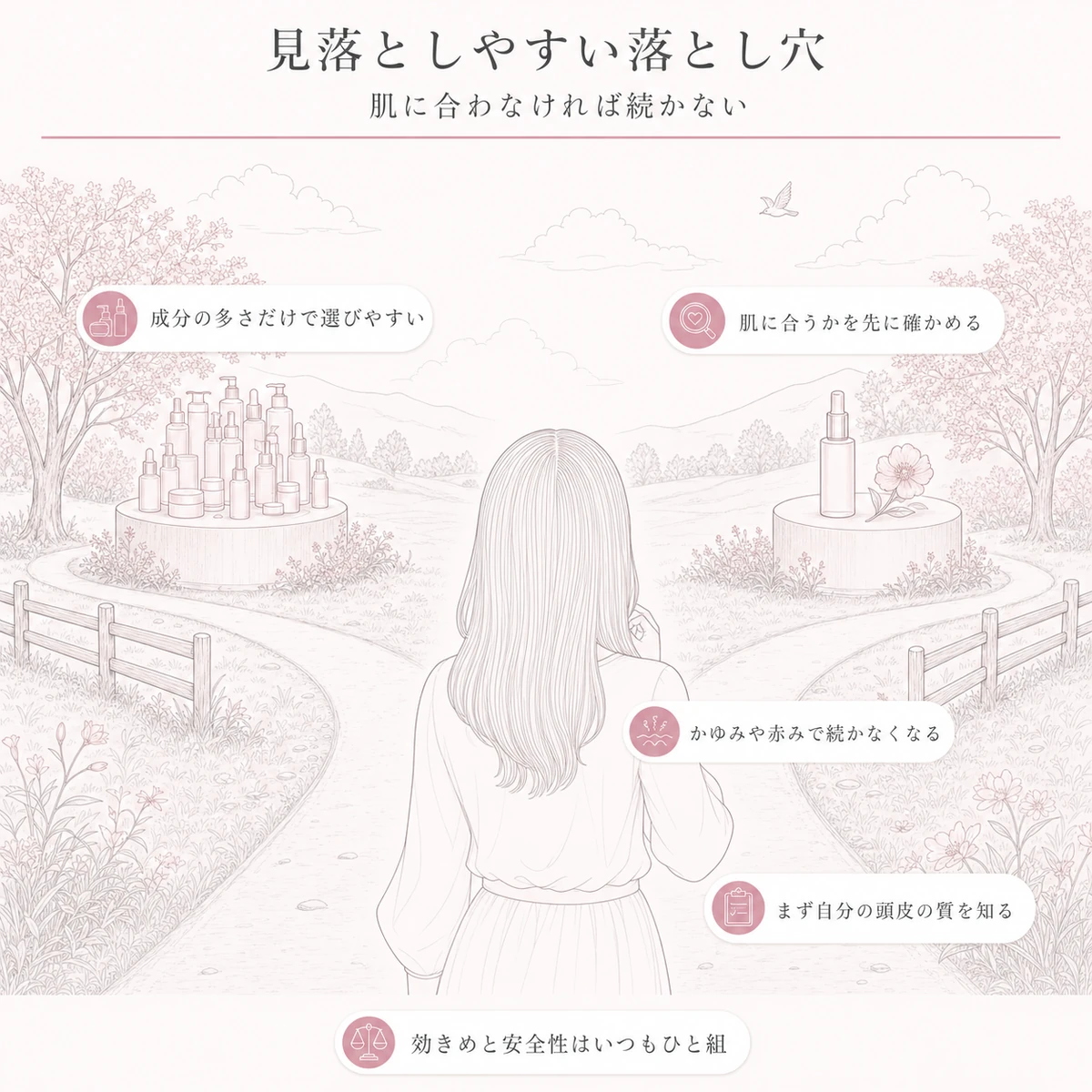 成分の数だけで選ぶ道と肌との相性を先に確かめる道の分かれ目に立つ女性を屋外の風景で描いた線画イラスト