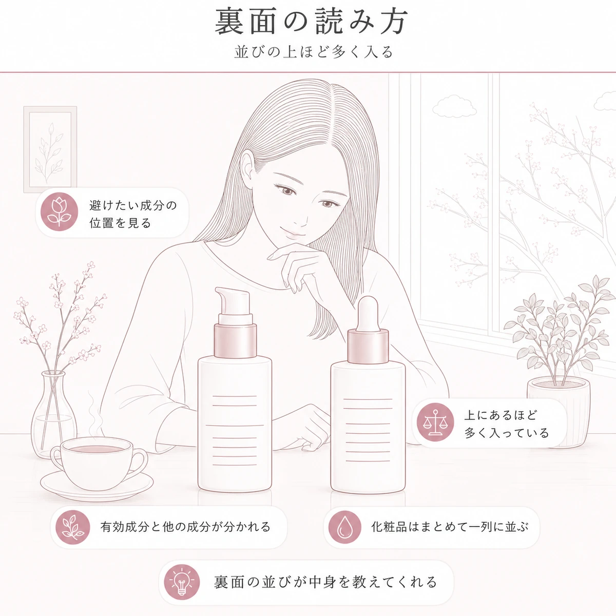 欄が分かれた表示と一列に並ぶ表示という二本の容器の裏面を窓辺で見比べる場面を描いた線画イラスト