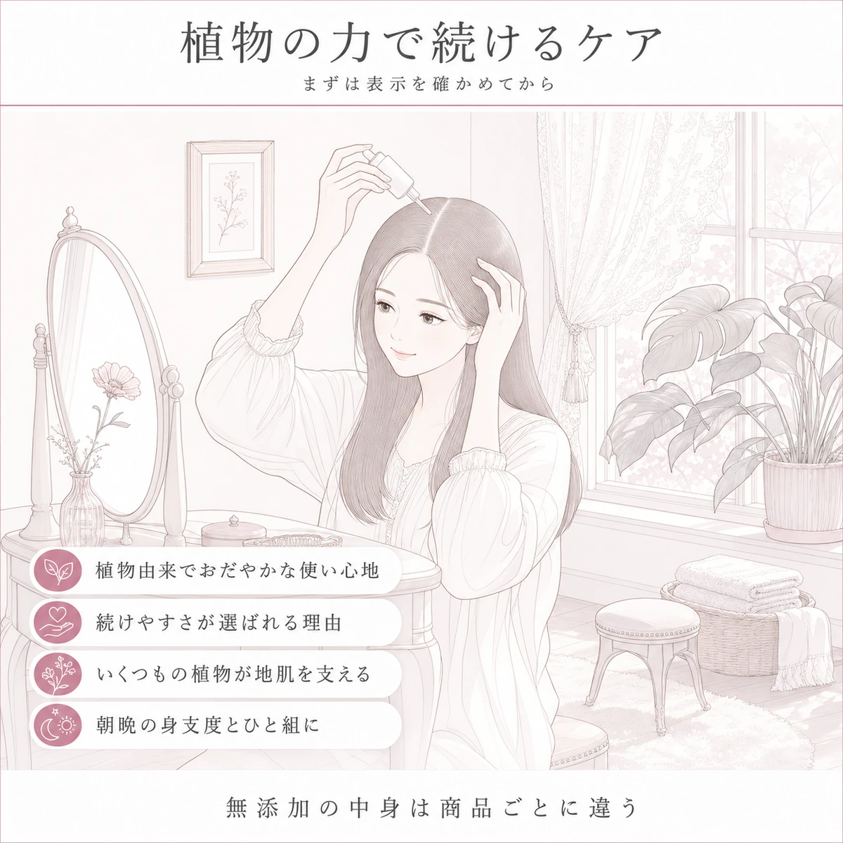 植物由来の育毛剤を暮らしの中で使う女性を描いた線画イラスト