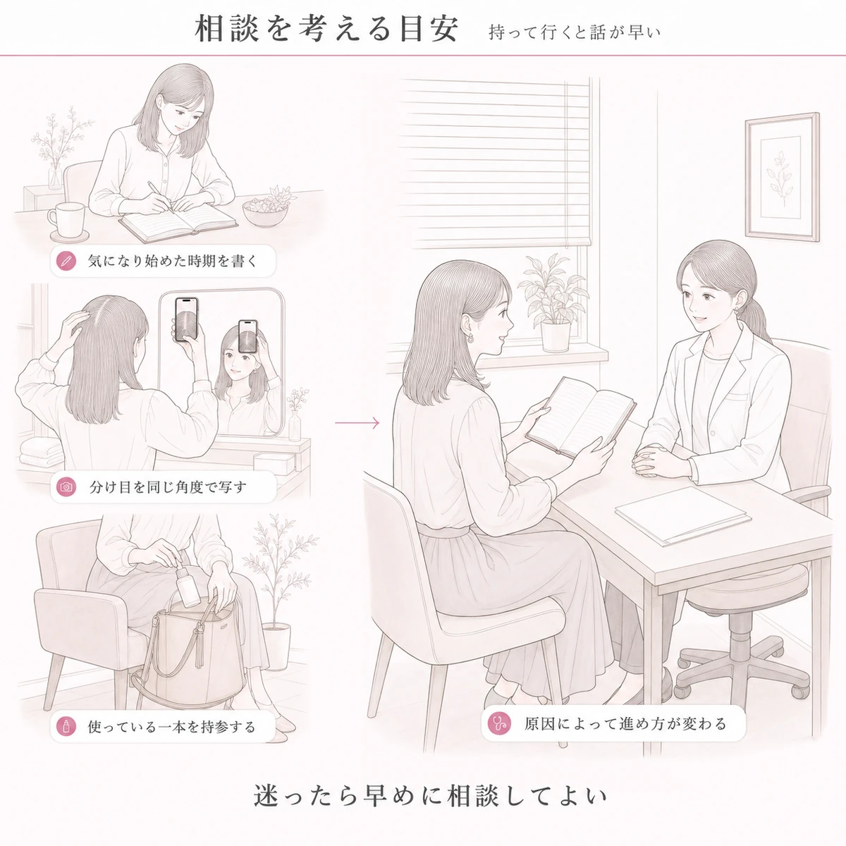 薄毛の相談に向けた準備と診察の場面を描いた線画イラスト