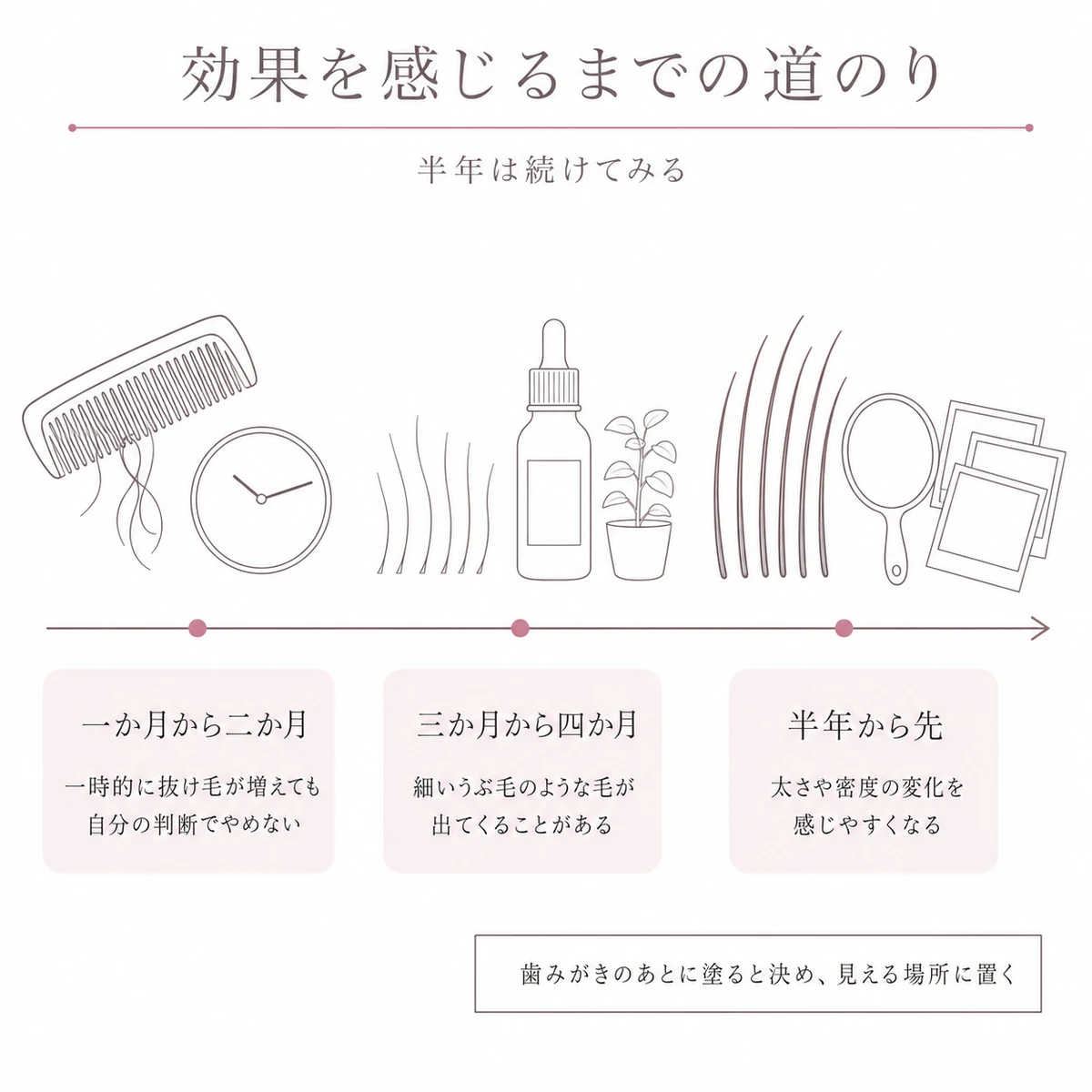 使いはじめから半年以降までの髪の変化と、続けるための工夫を左から右へ並べた帯の図解イラスト