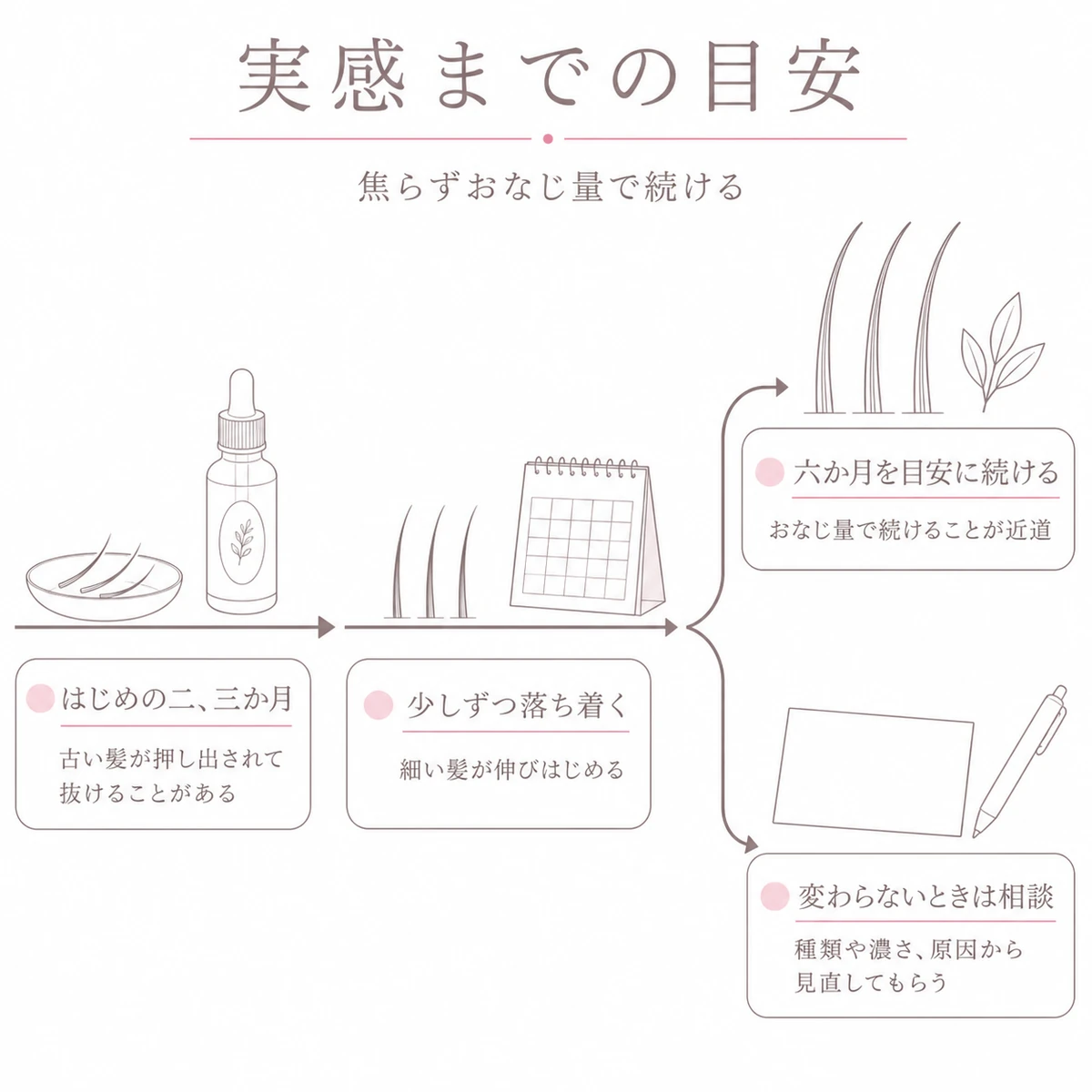 使いはじめから半年までの経過と続ける道と相談する道を帯で描いた線画イラスト