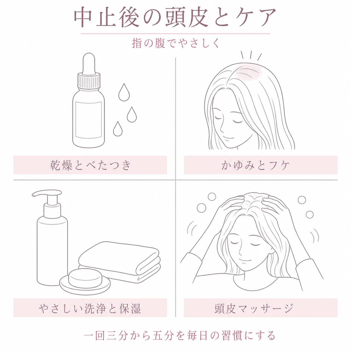 育毛剤の中止で起きる頭皮の乾燥やかゆみと洗い方や頭皮マッサージの手当てを四つのます目に分けたイラスト