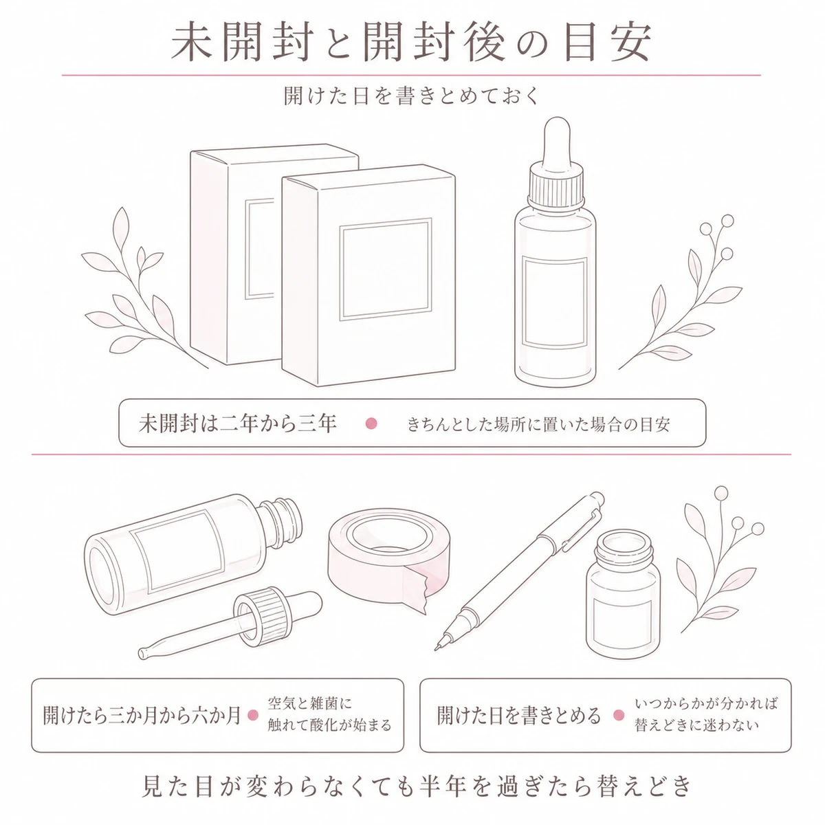 未開封の箱と開封後の容器を上下に分けて使い切りの目安を並べた線画イラスト