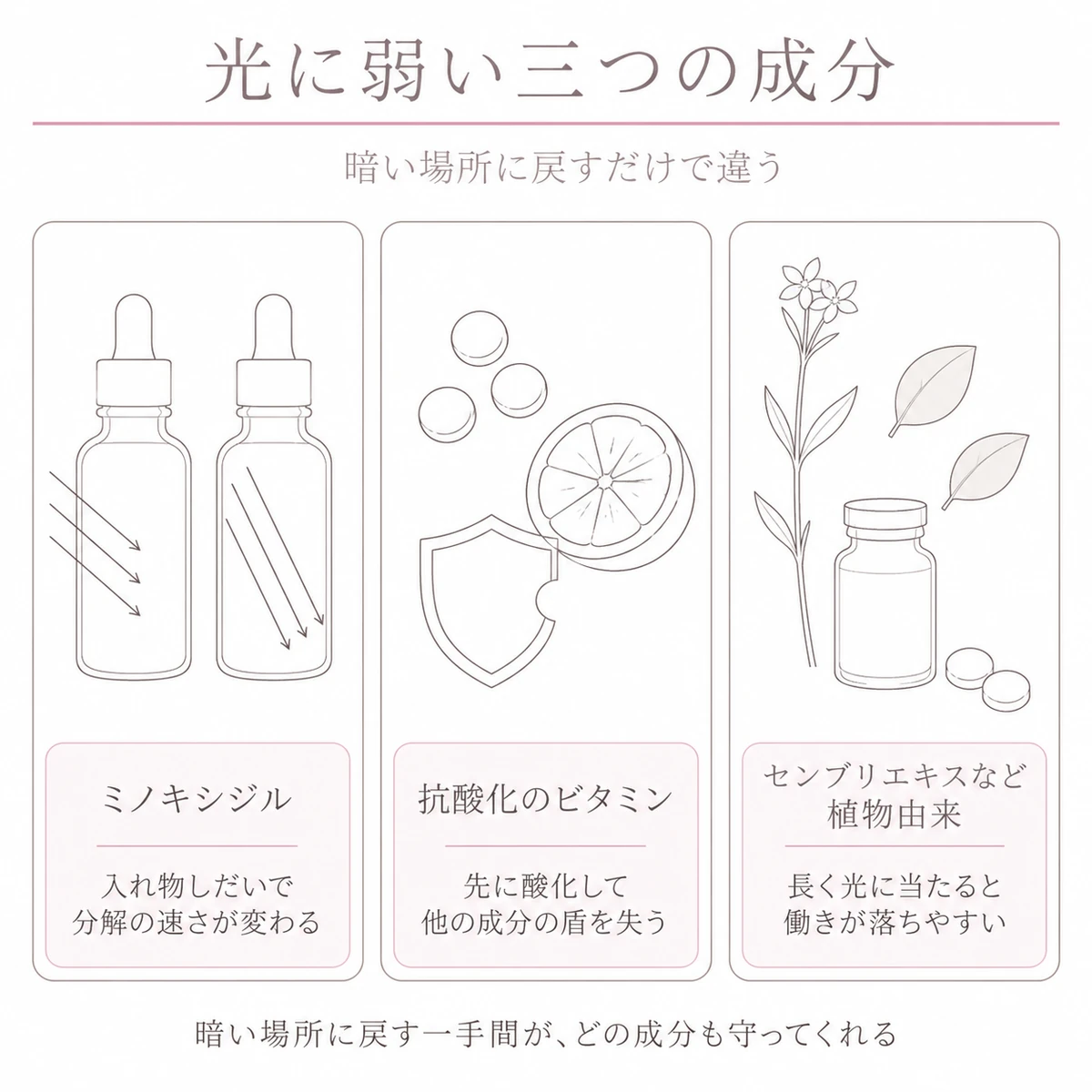 ミノキシジルと抗酸化のビタミン、植物由来成分の光への弱さを三つに分けて並べた線画イラスト