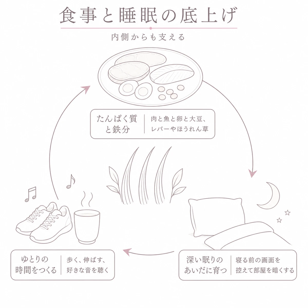 食事と眠りとゆとりの時間が巡る暮らしの輪を描いた線画イラスト